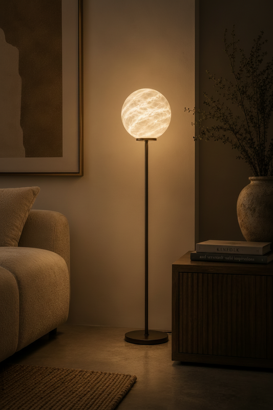 Close-up of Marsa Floor alabaster floor lamp showing natural cream veining texture and warm diffused glow