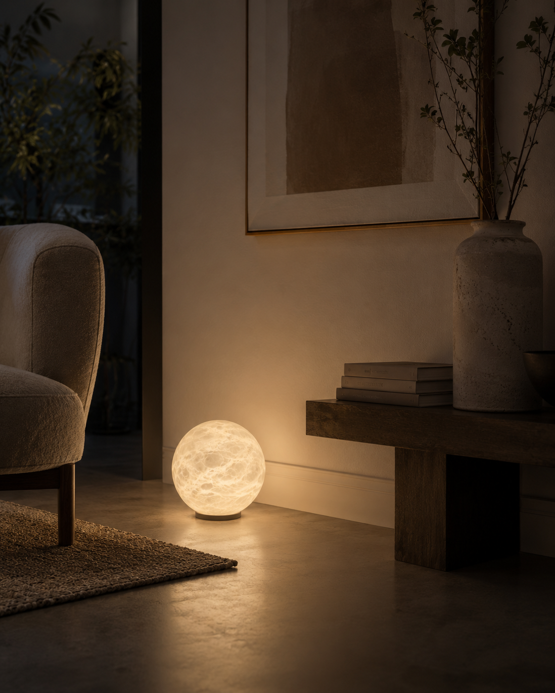 Marsa Ground alabaster table lamp on concrete floor with warm diffused light in minimalist living room