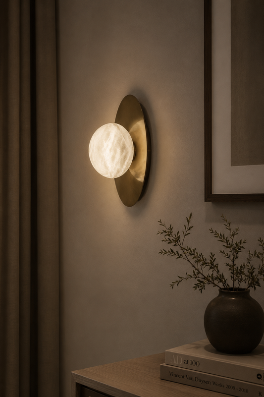 Marsa Wall spherical alabaster sconce with natural veining on matte gold backplate against textured beige wall