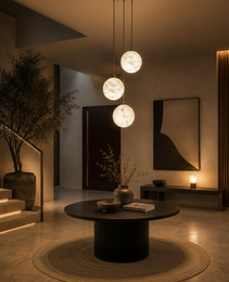 Three-tier albâtre pendant light with natural veining and gold canopy for modern living room