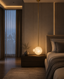 Marsa Ceil alabaster pendant light with gold rod in modern bedroom, warm glow from natural veined spheres