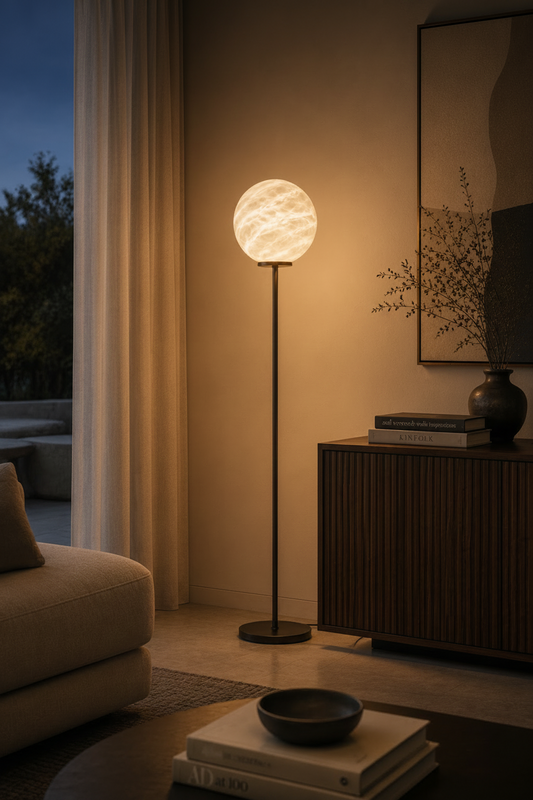 Marsa Floor alabaster floor lamp with spherical veined shade and matte black metal base in contemporary living room
