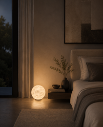 Spherical alabaster floor lamp beside modern bed creating serene bedroom ambiance with soft glow