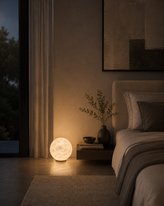 Spherical alabaster floor lamp beside modern bed creating serene bedroom ambiance with soft glow