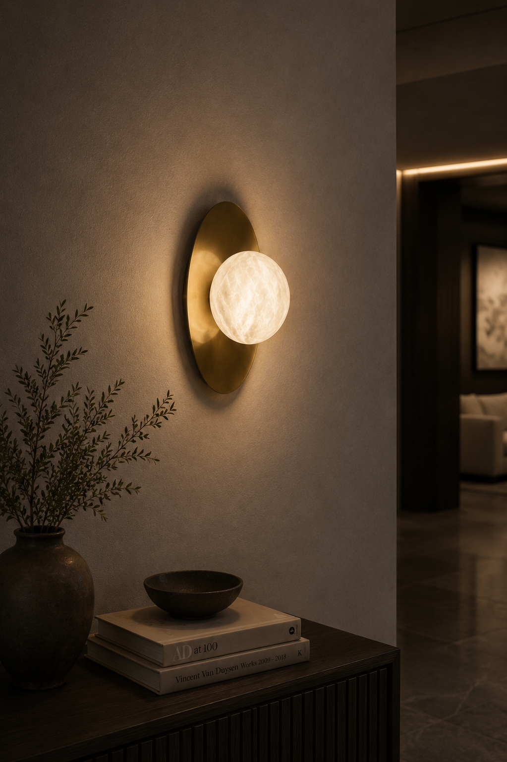 Minimalist alabaster sphere wall light fixture in warm glow as architectural accent for modern hallway