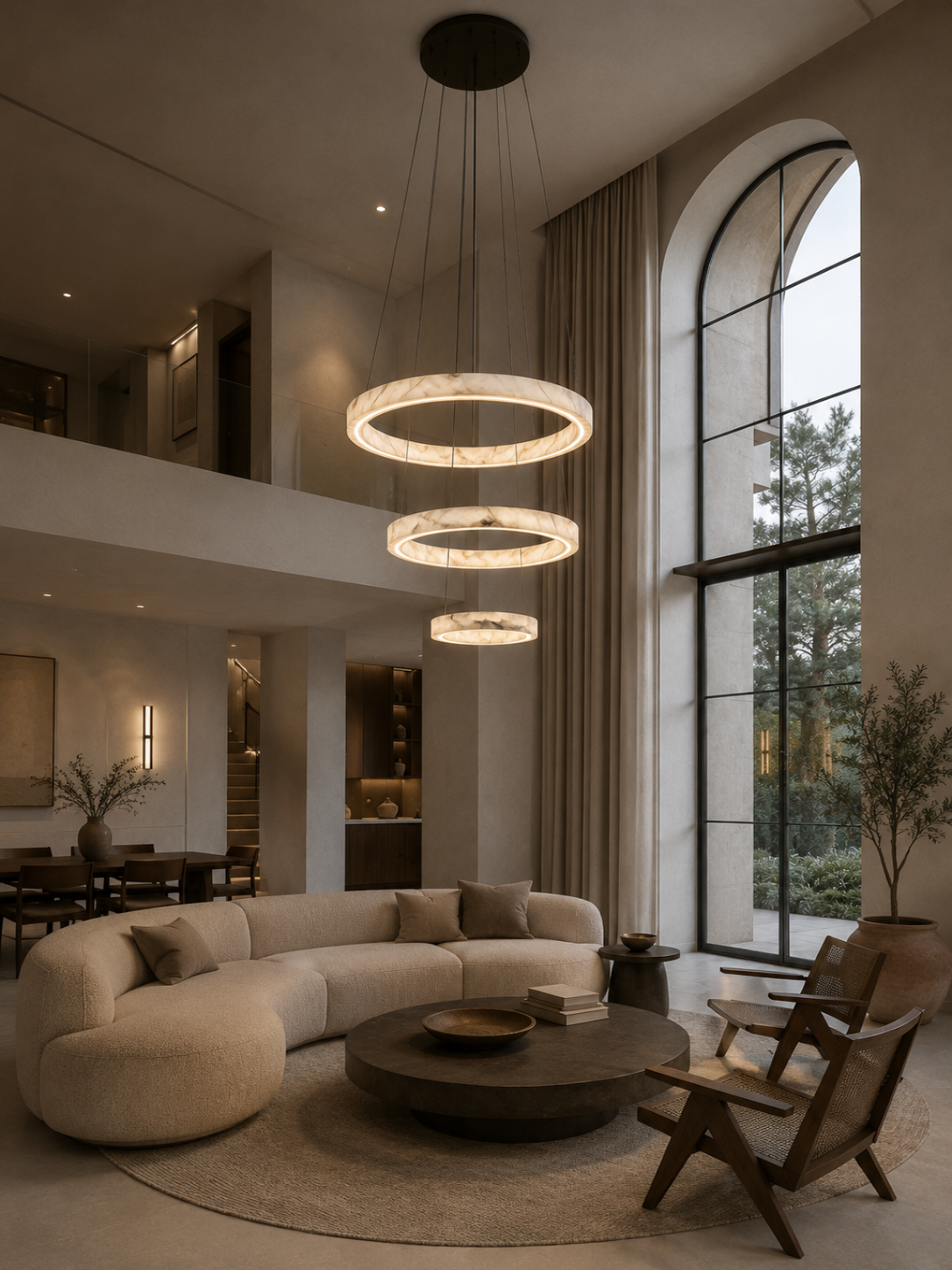Three-tier alabaster pendant light with creamy white veined rings in high-ceiling living room