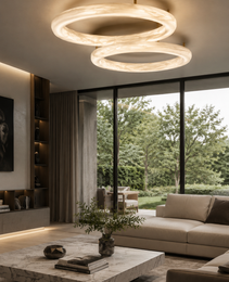 Plafonnier ORBIS CEIL albâtre naturel anneaux lumineux flottants doré salon moderne