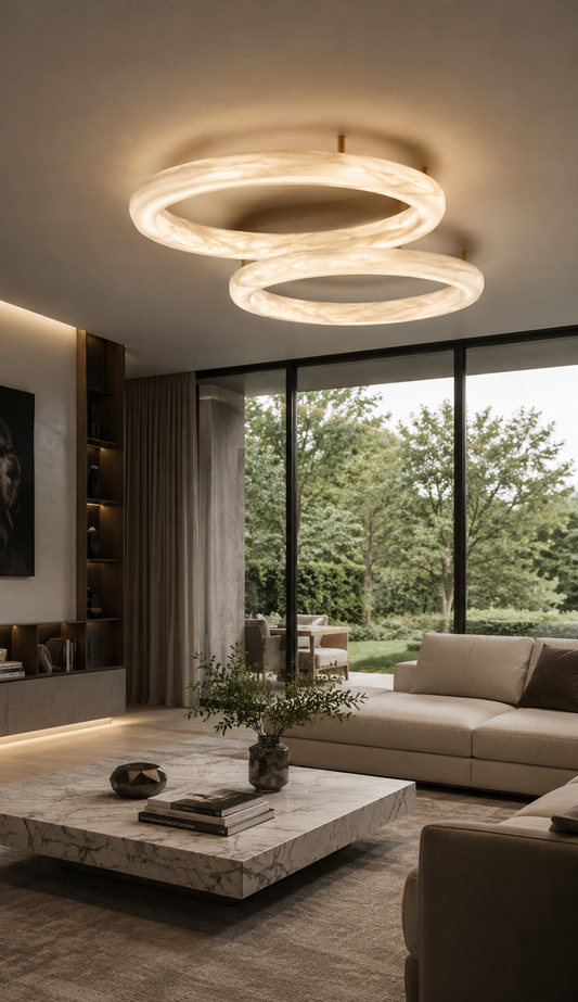 Plafonnier ORBIS CEIL albâtre naturel anneaux lumineux flottants doré salon moderne