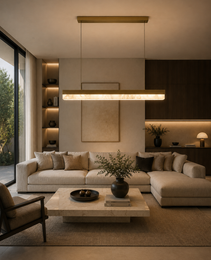 Linear alabaster pendant light with natural veining above beige sofa in modern living room
