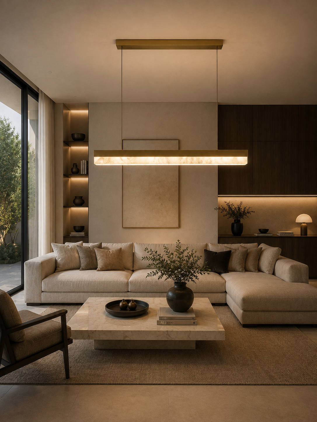 Linear alabaster pendant light with natural veining above beige sofa in modern living room