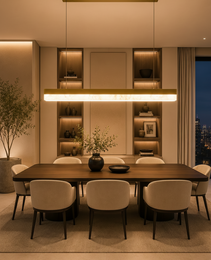 Matte gold framed alabaster pendant light hanging over dark wood dining table with eight chairs
