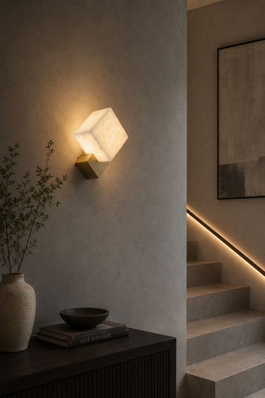 Petra geometric wall sconce in natural alabaster with brushed brass base, warm ambient lighting for modern interior