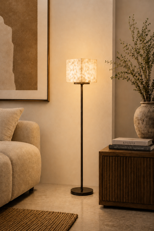 Petra Floor lamp square creamy white marble albaster shade soft warm glow