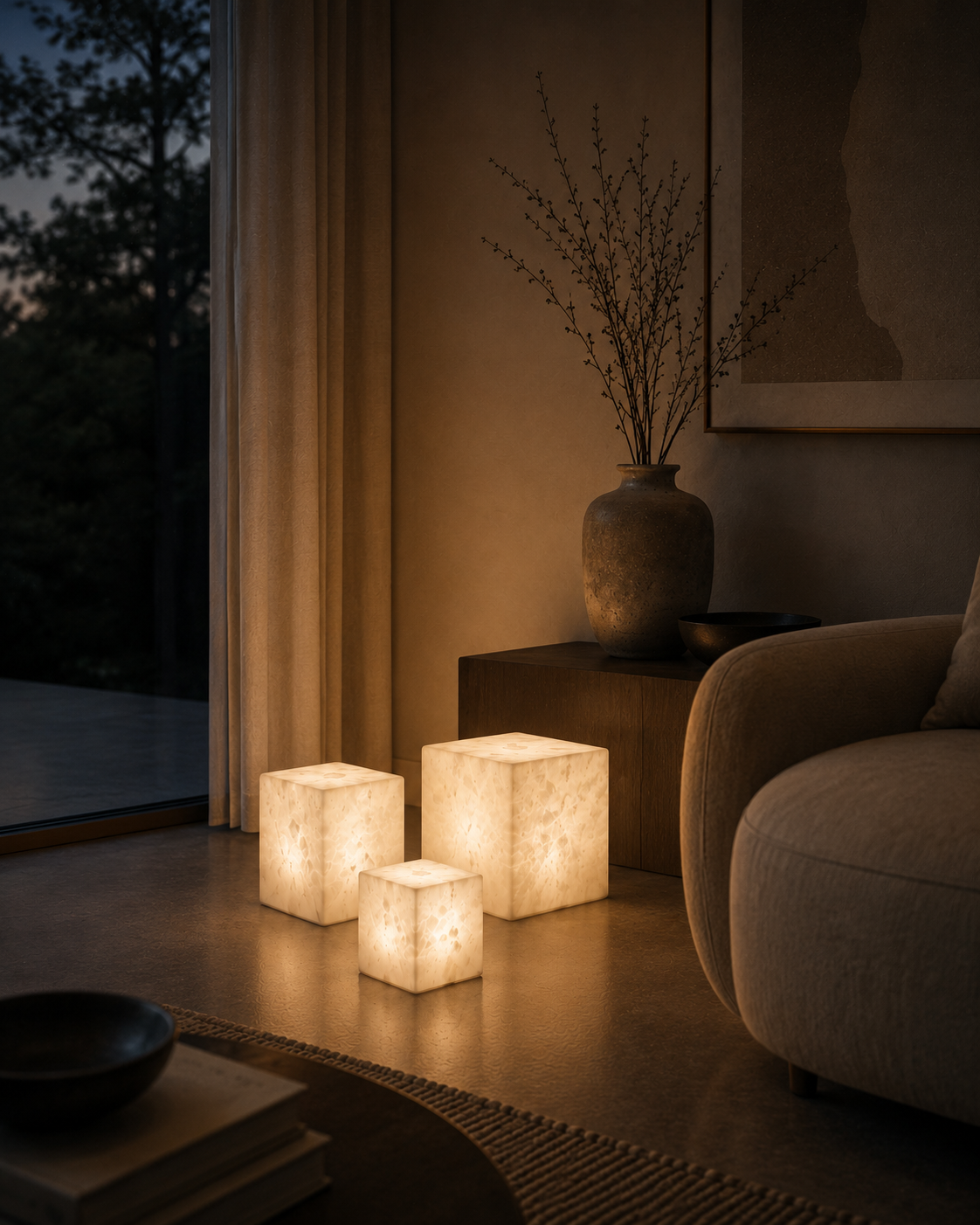 Petra Ground alabaster table lamp cluster with organic veining and warm ambient glow beside beige armchair