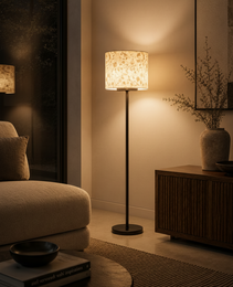 Petra Floor lamp cylindrical mottled beige albaster stone shade warm ambient light