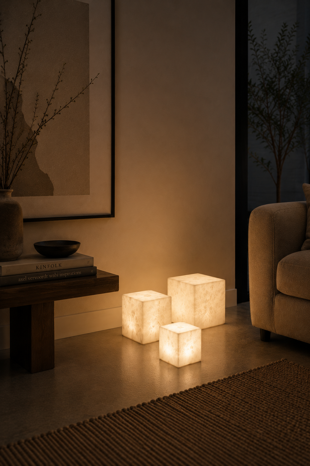 Set of three natural alabaster cube lamps with marbled texture on concrete floor next to woven rug