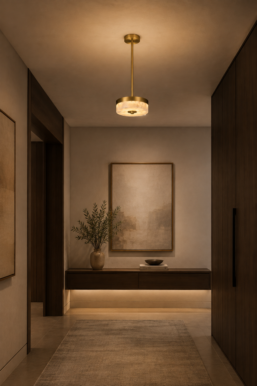 Plafonnier PLATA CEIL alabastre naturel veiné avec suspension laiton brossé dans couloir moderne