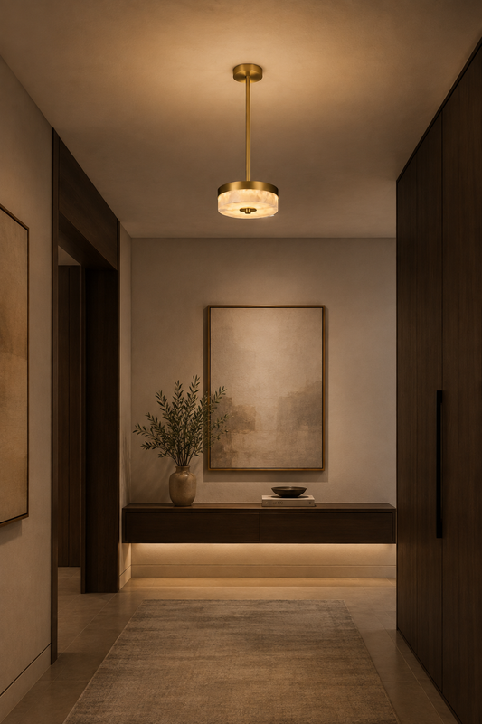 Plafonnier PLATA CEIL alabastre naturel veiné avec suspension laiton brossé dans couloir moderne
