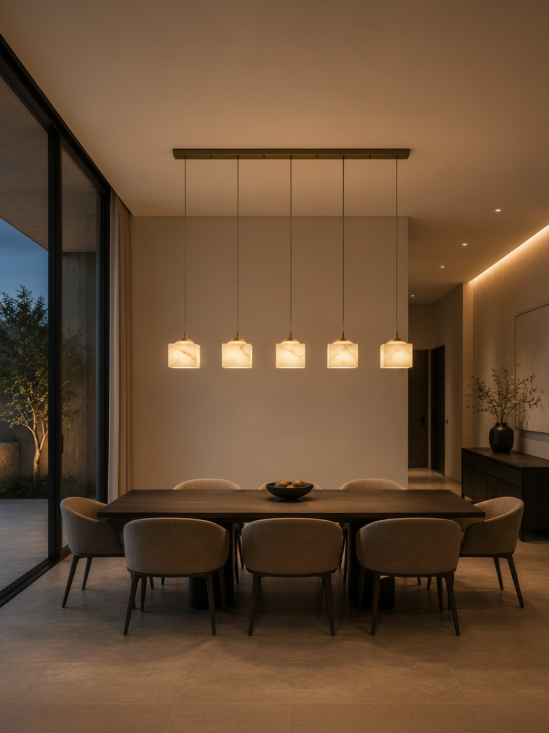 Linear five-light alabaster pendant chandelier with matte bronze canopy over dark wood dining table