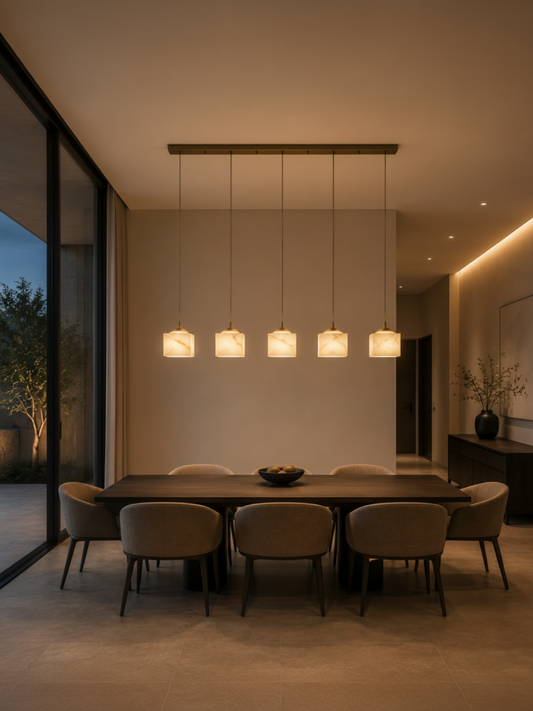Linear five-light alabaster pendant chandelier with matte bronze canopy over dark wood dining table