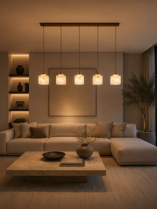Natural veined alabaster square pendant lights in linear arrangement above beige sectional sofa