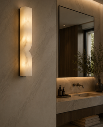 SINUA sculptural alabaster bathroom vanity light on marble wall