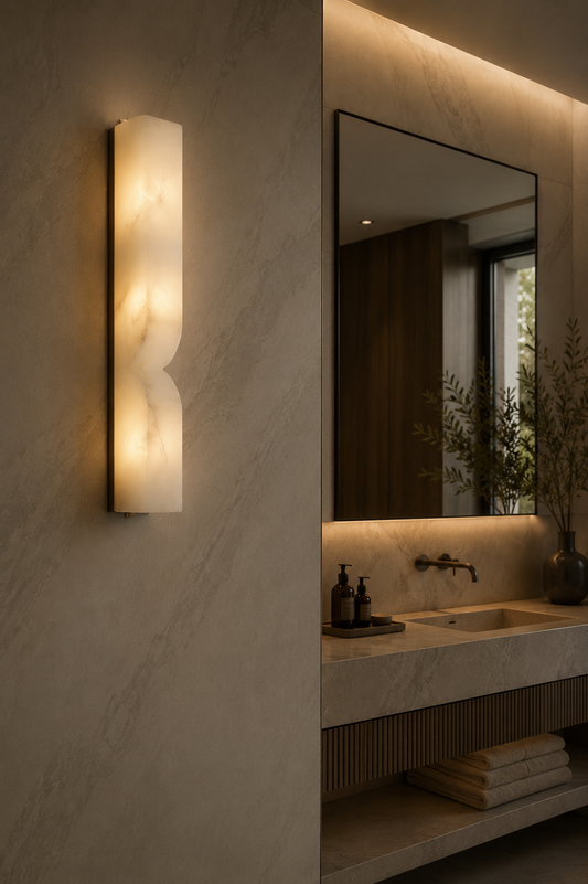 SINUA sculptural alabaster bathroom vanity light on marble wall