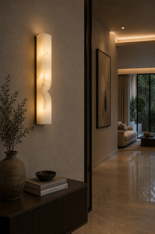 SINUA curved alabaster wall sconce with warm glow in minimalist living room