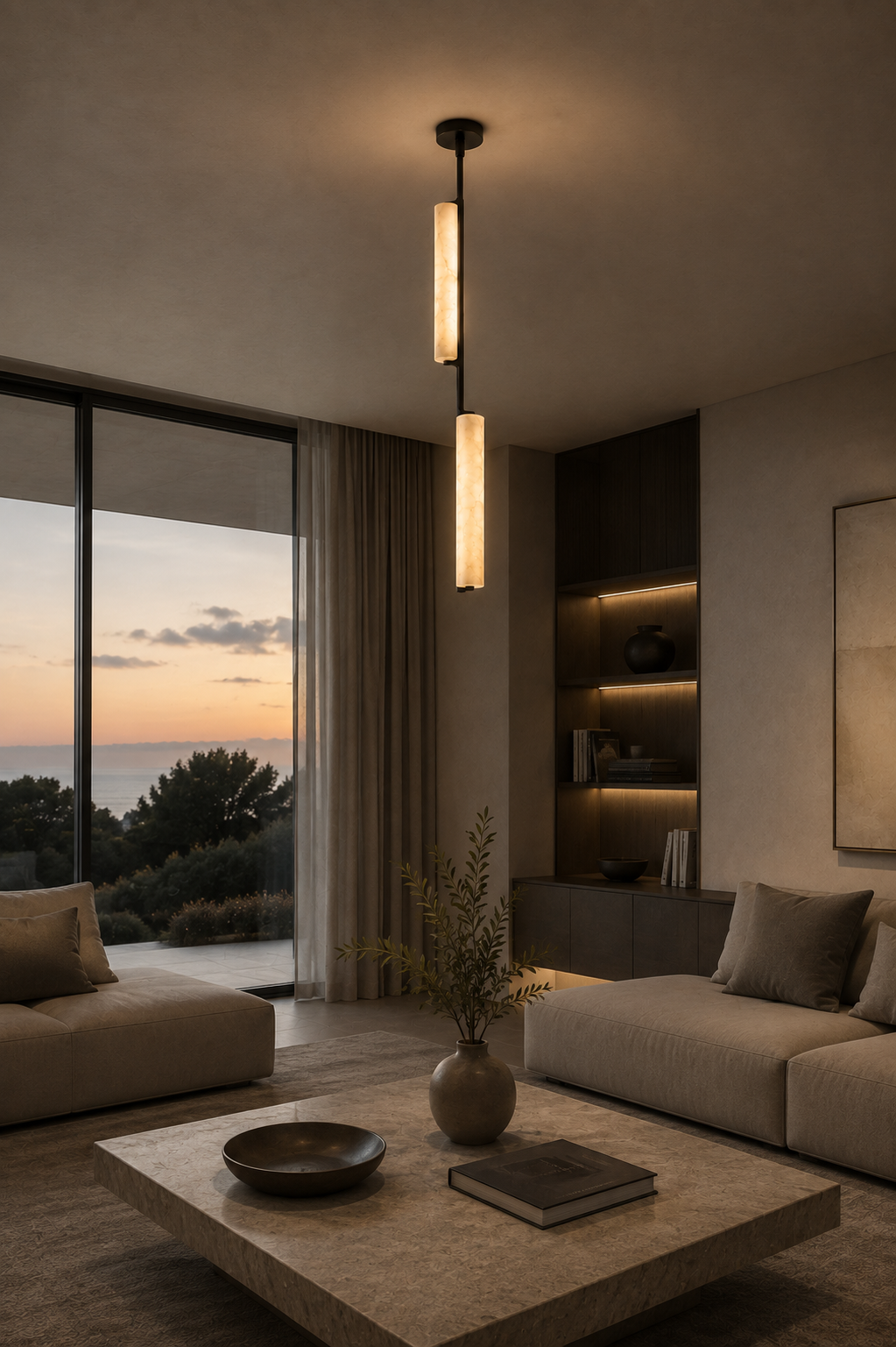 Staria Ceil vertical pendant light with stacked natural alabaster cylinders and matte black metal fixture in modern living room