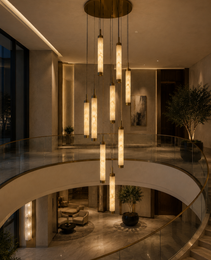 Nine-stem natural alabaster pendant light fixture with brass hardware for luxury atrium