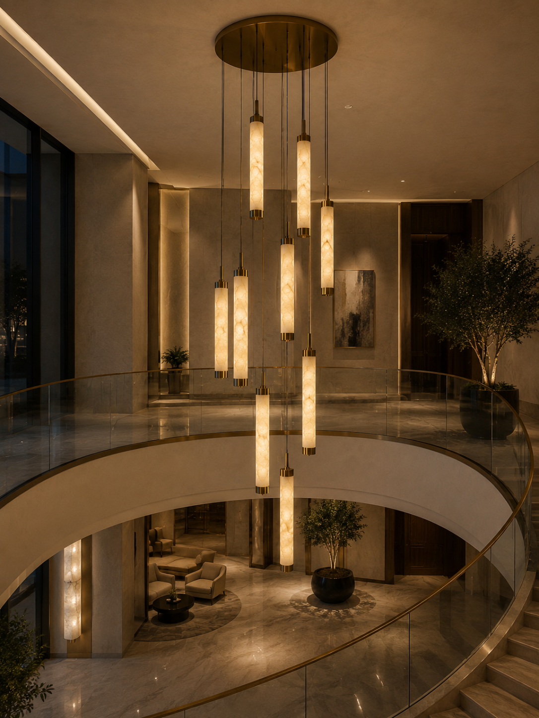 Nine-stem natural alabaster pendant light fixture with brass hardware for luxury atrium