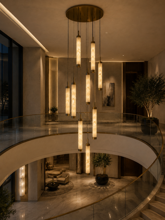 Nine-stem natural alabaster pendant light fixture with brass hardware for luxury atrium