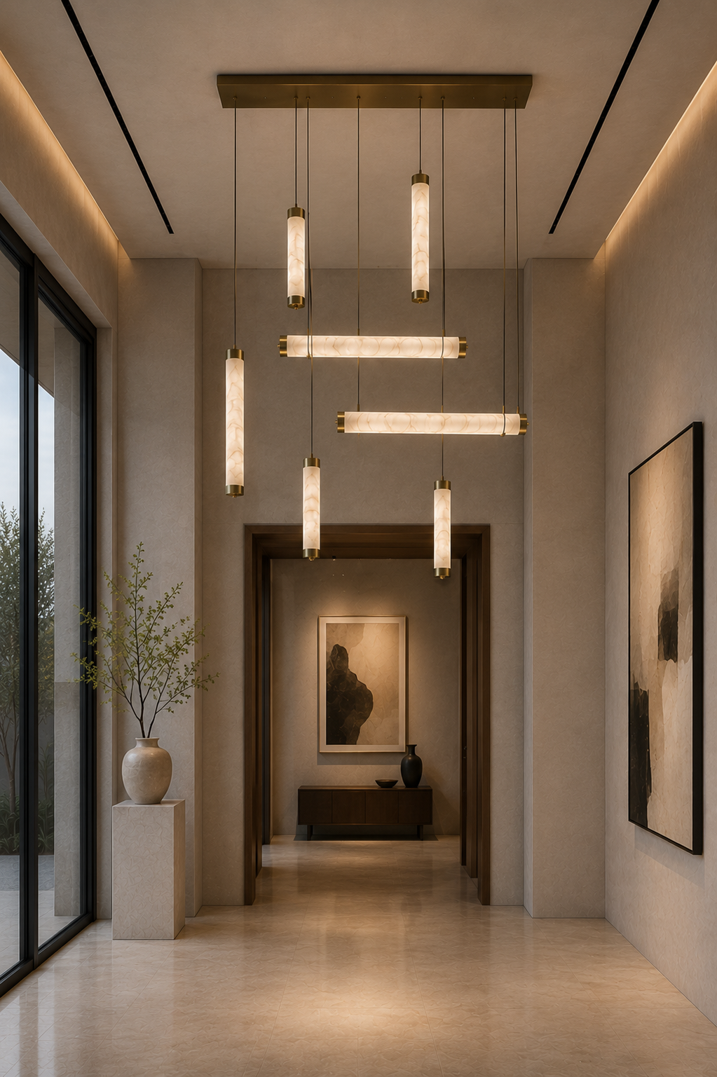 Lustre VERSA albâtre pendant light with matte brass canopy, five cylindrical and linear modules in natural veined stone for modern entryway