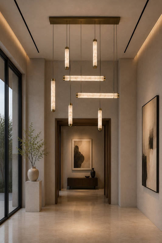 Lustre VERSA albâtre pendant light with matte brass canopy, five cylindrical and linear modules in natural veined stone for modern entryway