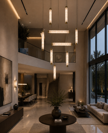 Luxury Lustre VERSA albâtre chandelier featuring six staggered vertical and horizontal stone modules with warm glow for open-plan living space