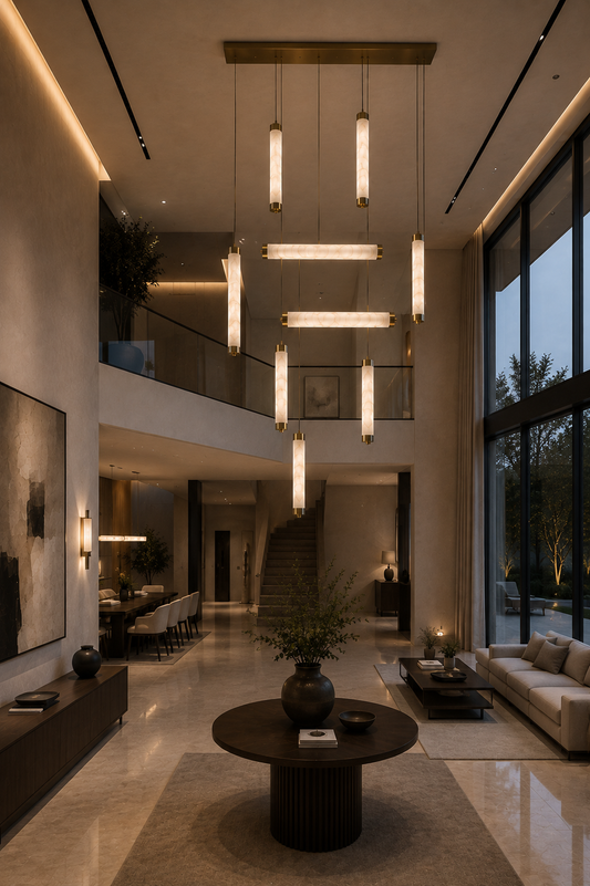 Luxury Lustre VERSA albâtre chandelier featuring six staggered vertical and horizontal stone modules with warm glow for open-plan living space