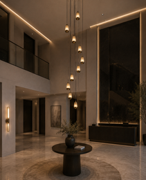 Chandelier Lustre VESPER albâtre et laiton chaud éclairage lobby hôtel luxe