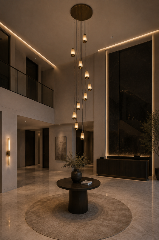 Chandelier Lustre VESPER albâtre et laiton chaud éclairage lobby hôtel luxe