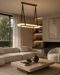 Two oval alabaster pendant lights with leather straps and brass ceiling mount in sunlit modern living room