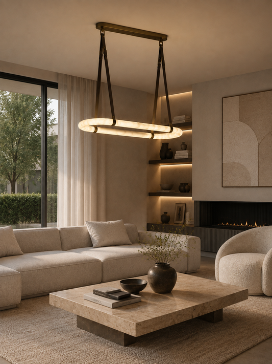 Two oval alabaster pendant lights with leather straps and brass ceiling mount in sunlit modern living room