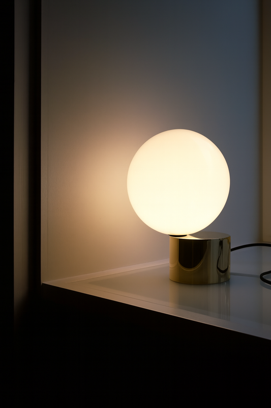 Lampe de Table Sphère Dorée – Élégance Minimaliste, Lumière Sculptée