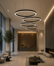 Orbis architectural chandelier with black matte metal rings in staggered vertical arrangement for modern corporate lobby lighting