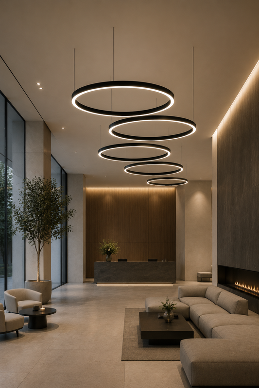 Orbis architectural chandelier with black matte metal rings in staggered vertical arrangement for modern corporate lobby lighting